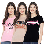 Preneum Womens Cotton Regular Fit Latest Graphic Stylish Printed Short Sleeves Casual T-Shirt || Trend & Style (Pack 3), Pink &