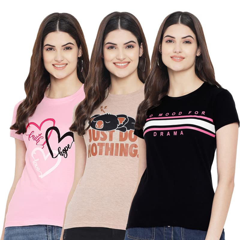 Preneum Womens Cotton Regular Fit Latest Graphic Stylish Printed Short Sleeves Casual T-Shirt || Trend & Style (Pack 3), Pink &