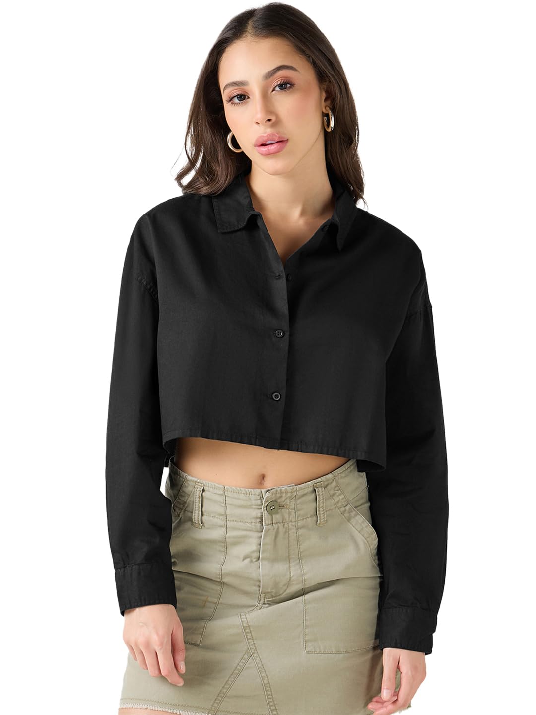 Bewakoof WomenS Solid Oversized Fit Full Sleeve Collar Cotton Blend Crop Shirt_617279_Black_M