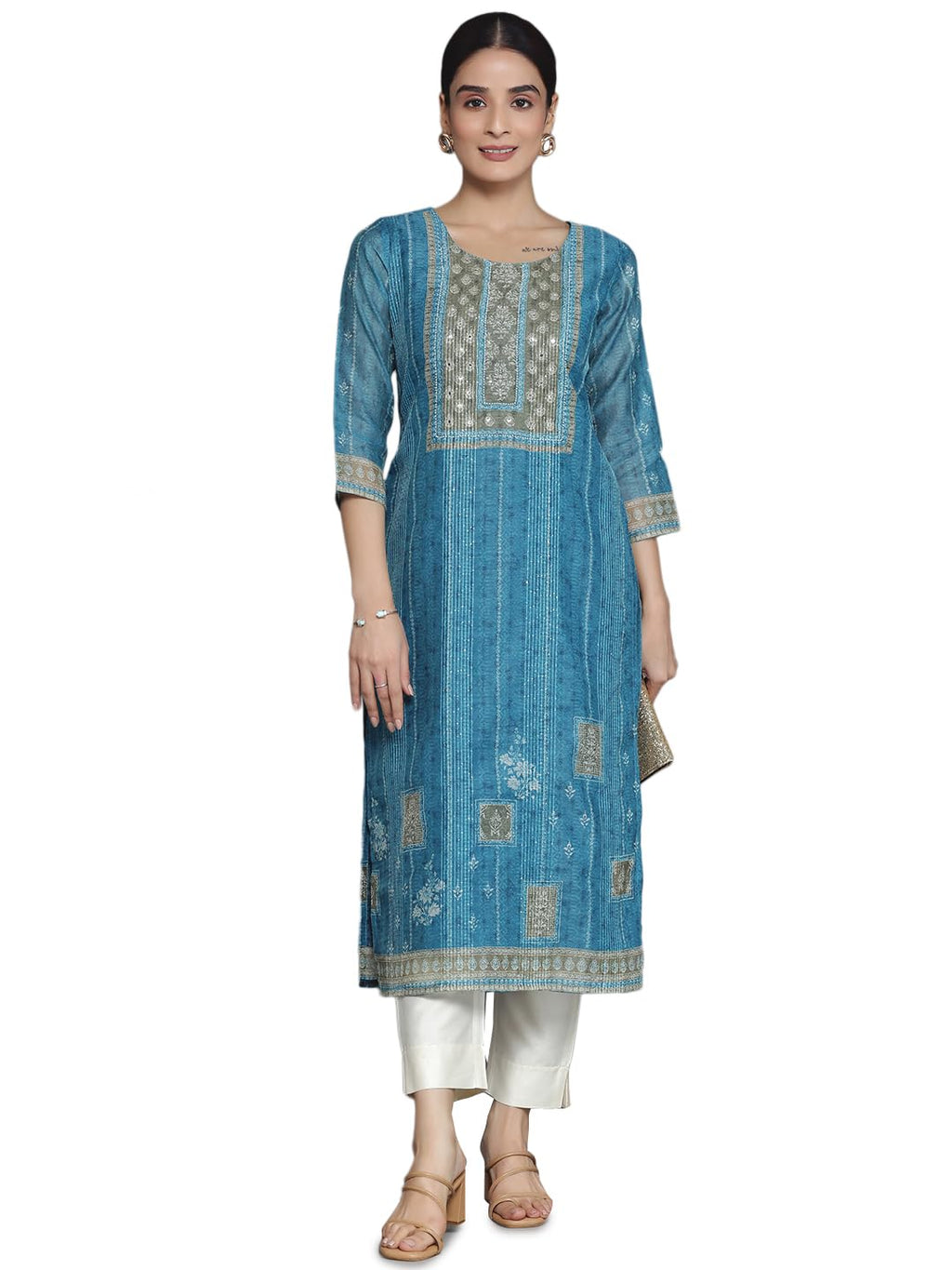 Libas Womens Embellished Silk Blend Straight Kurta For Women Blue