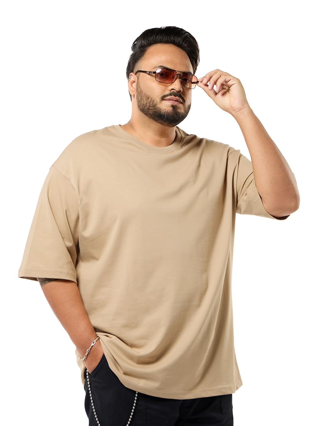 Bewakoof Mens Solid Oversized Fit Half Sleeve Round Neck Cotton Plus Size T-Shirt_565996_Brown_4XL