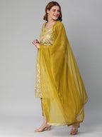 ANNI DESIGNER Womens Banarasi Woven Straight Embellished Printed Kurta with Pant & Dupatta (KABZAA-Methi-Nw_L_Mustard_Large)