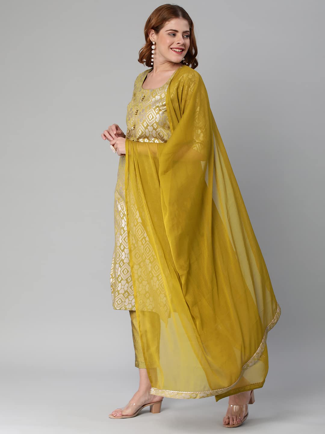 ANNI DESIGNER Womens Banarasi Woven Straight Embellished Printed Kurta with Pant & Dupatta (KABZAA-Methi-Nw_L_Mustard_Large)