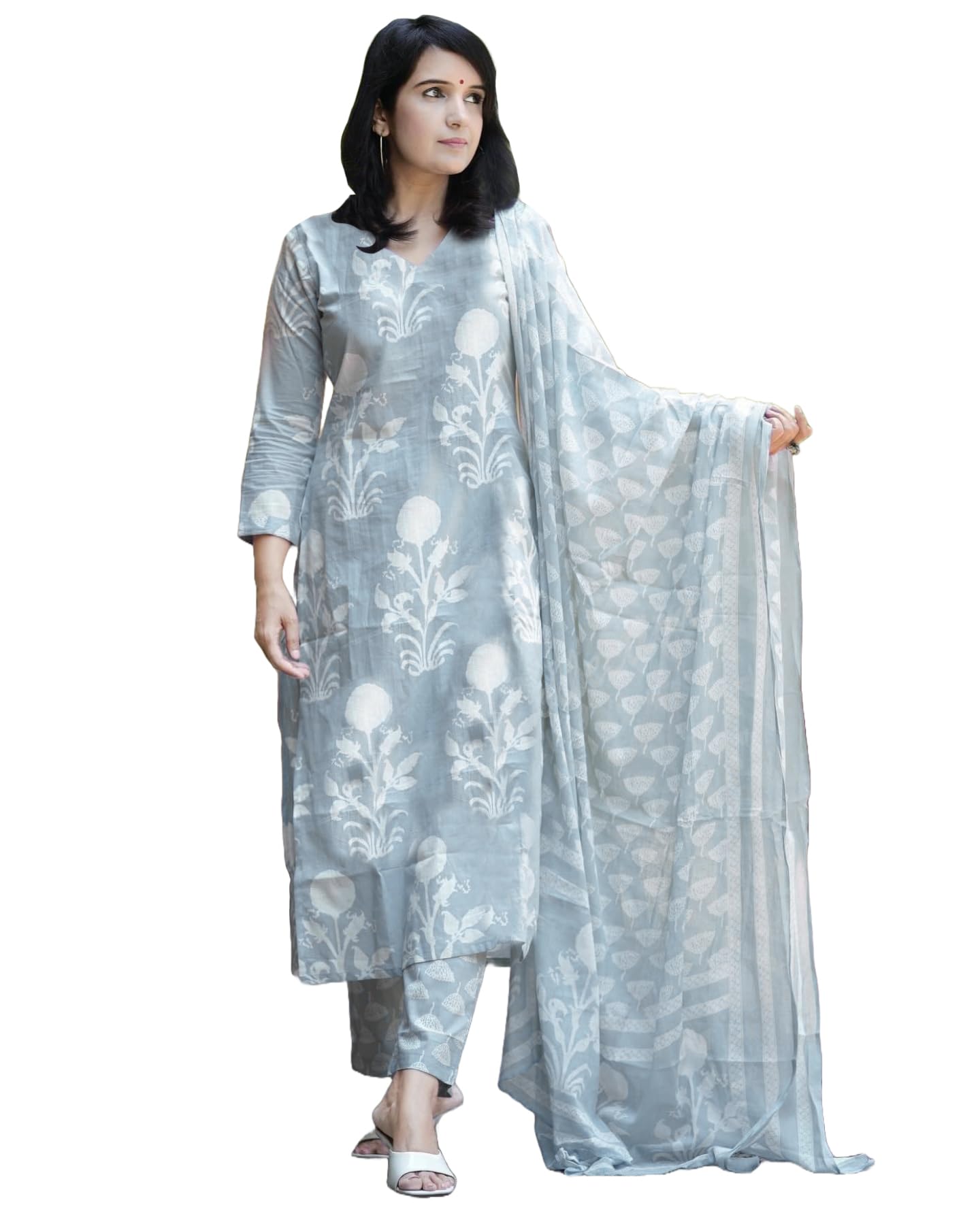 ANNI DESIGNER Womens Rayon Blend Floral Straight Kurta with Pant & Dupatta (Zuri Purple_Grey_Small)
