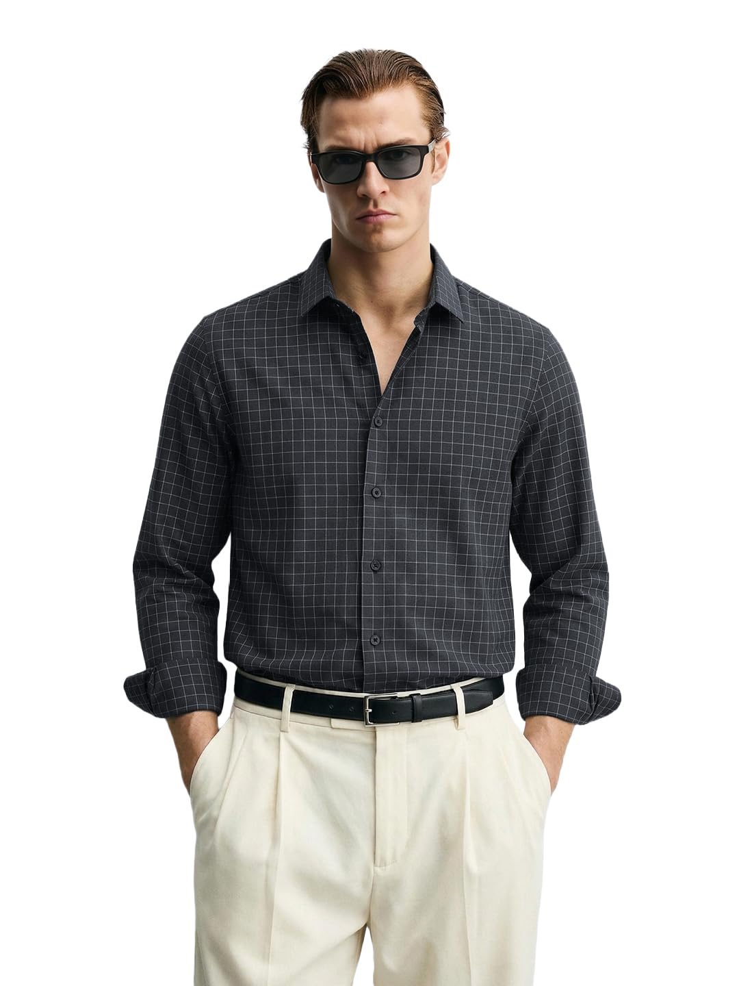 The Indian Garage Co Mens Slim Fit Checkered Cutaway Collar Full Sleeves Party Shirt