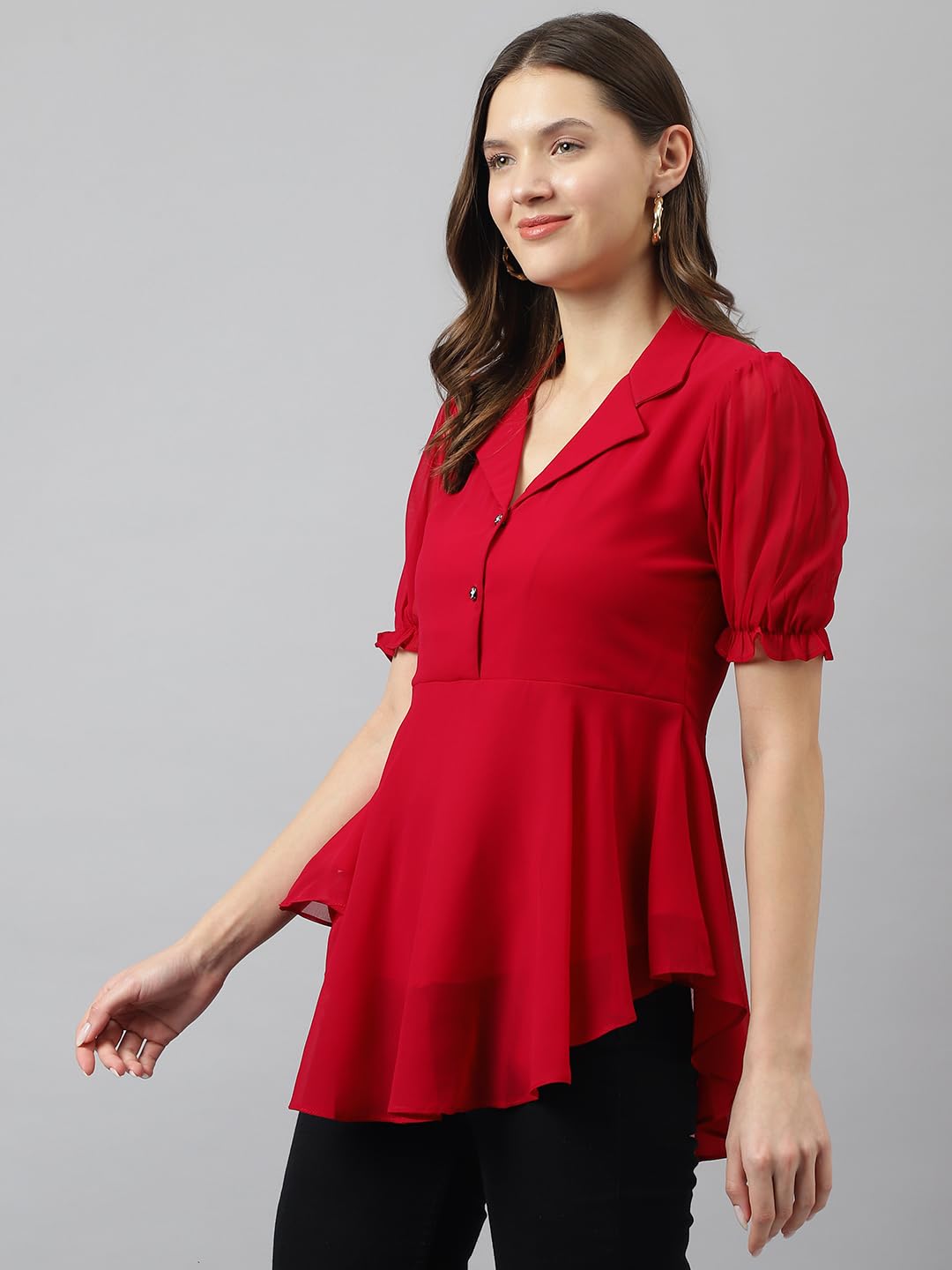 Toochki Womens Red Georgette Solid High Low Western Top | Winter Top | Western Top | Top for Women | Latest Women Top | Trendy
