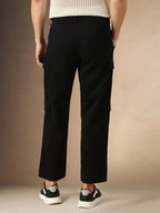 Dennis Lingo Mens Black Solid Cotton Loose Fit Cargo Trouser