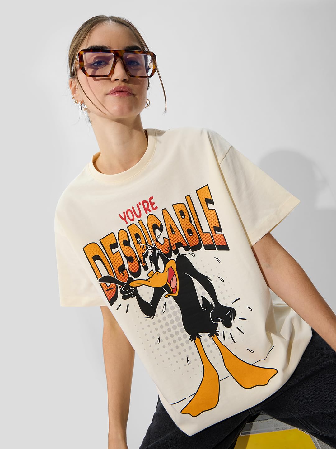 The Souled Store Official Daffy Duck: Despicable Women and Girls Short Sleeve Round Neck Printed Cotton Oversized T-Shirts