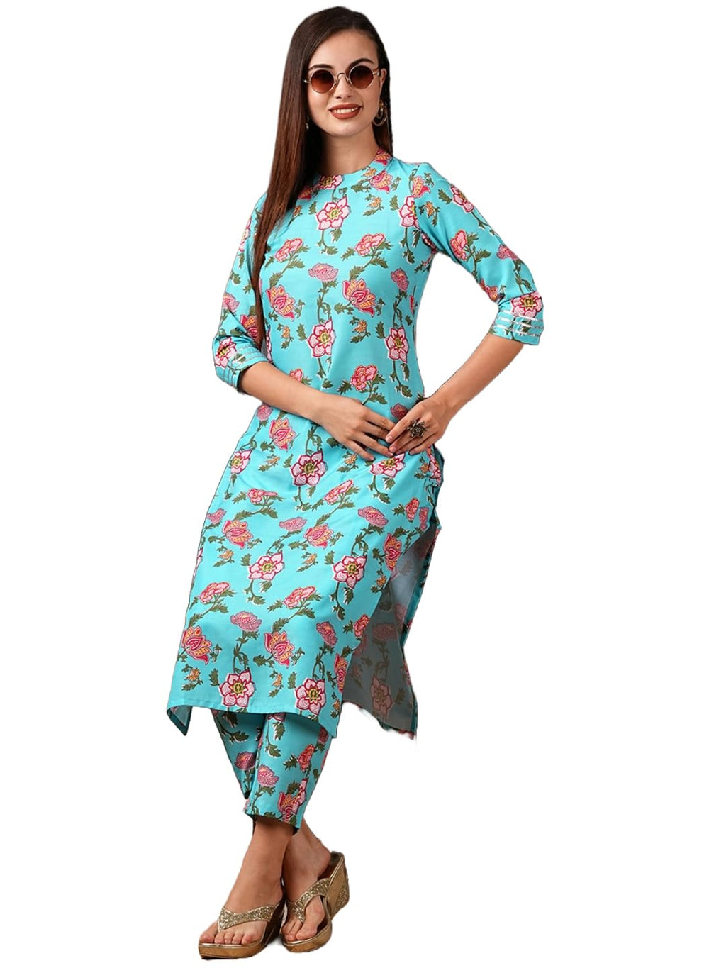 ANNI DESIGNER Womens Cotton Blend Straight Printed Kurta with Pant (NAZUK RAMA-NW_M_Blue_Medium)