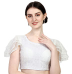 Pujia Mills Womens Shipali Net Work Ruffle Sleeves Readymade Saree Blouse (Shipli Jhumka_White_38)