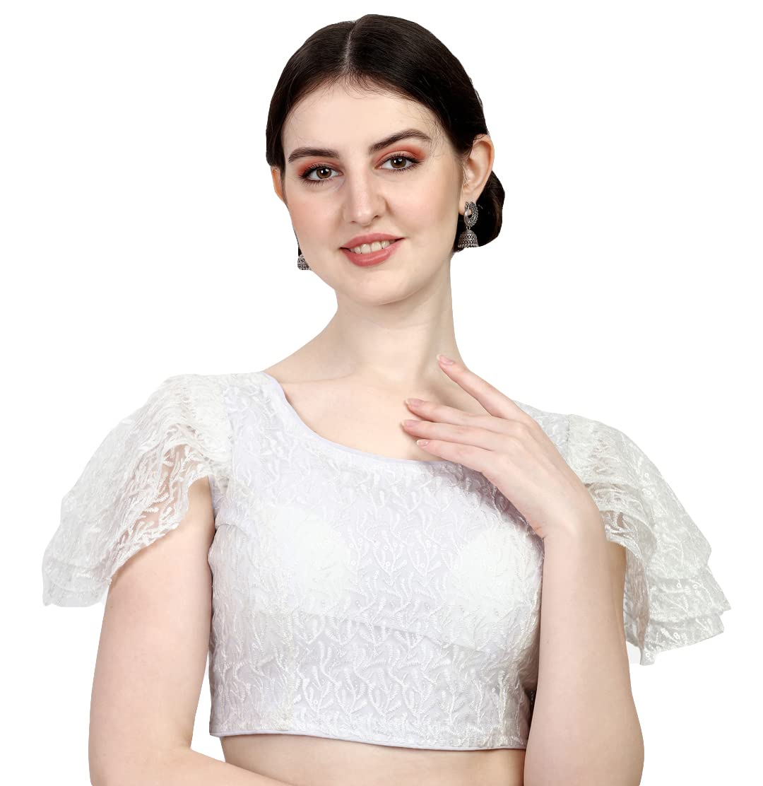 Pujia Mills Womens Shipali Net Work Ruffle Sleeves Readymade Saree Blouse (Shipli Jhumka_White_38)