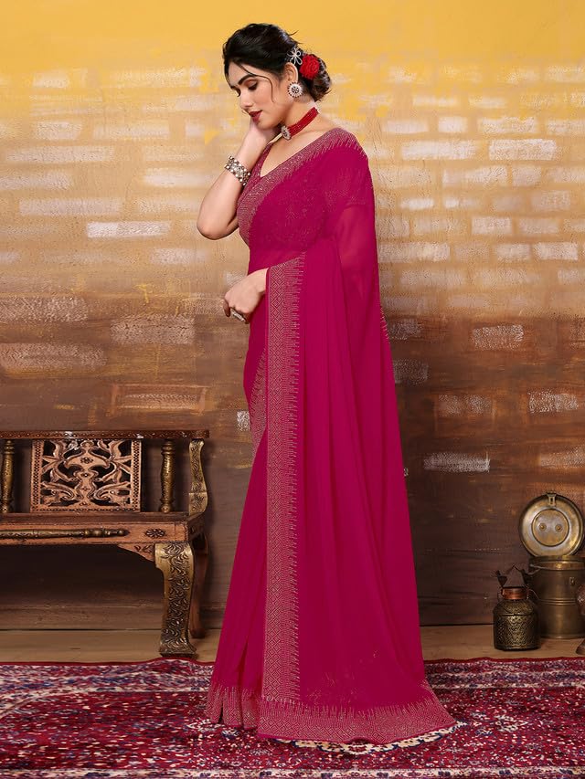 Satrani Womens Georgette Hot Fixing Saree with Unstitched Blouse Piece