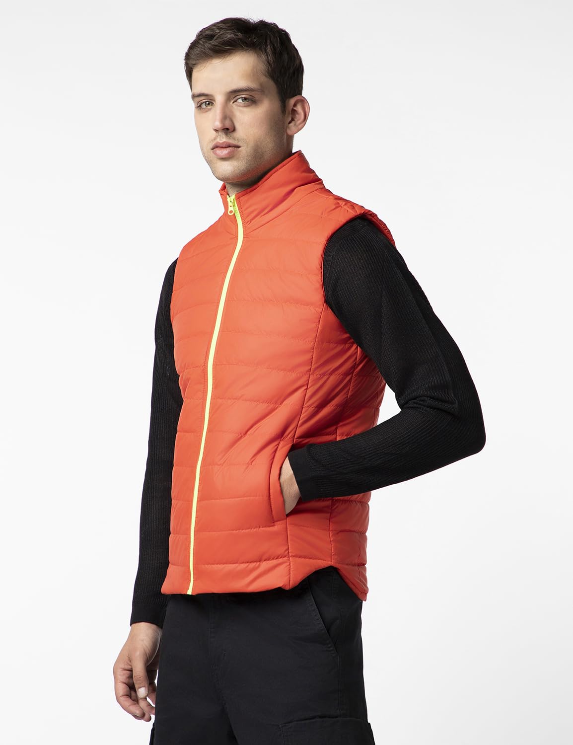 FYLTR Mens Sleeveless Puffer Jacket with Neon Trims - Stand Collar | Full Zipper | Side Pockets | Shaped Hem