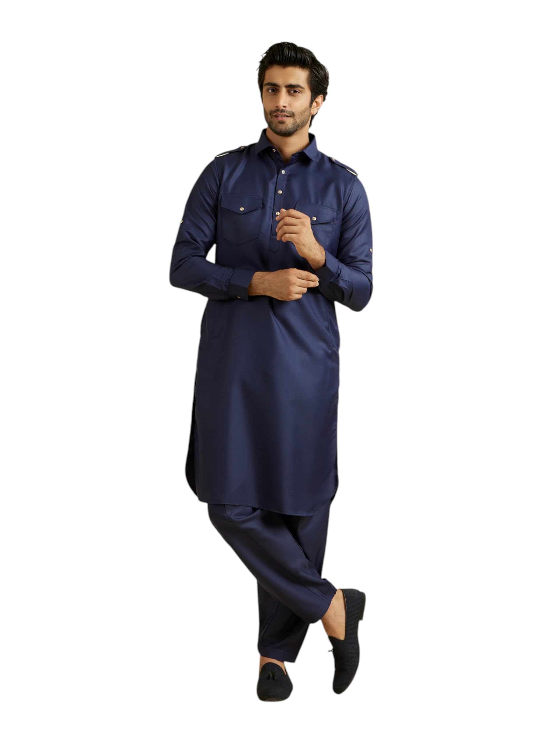 Manyavar MenS Rayon Blend Solid Pathani Kurta Churidar Set (Dark Blue,Xxxl)