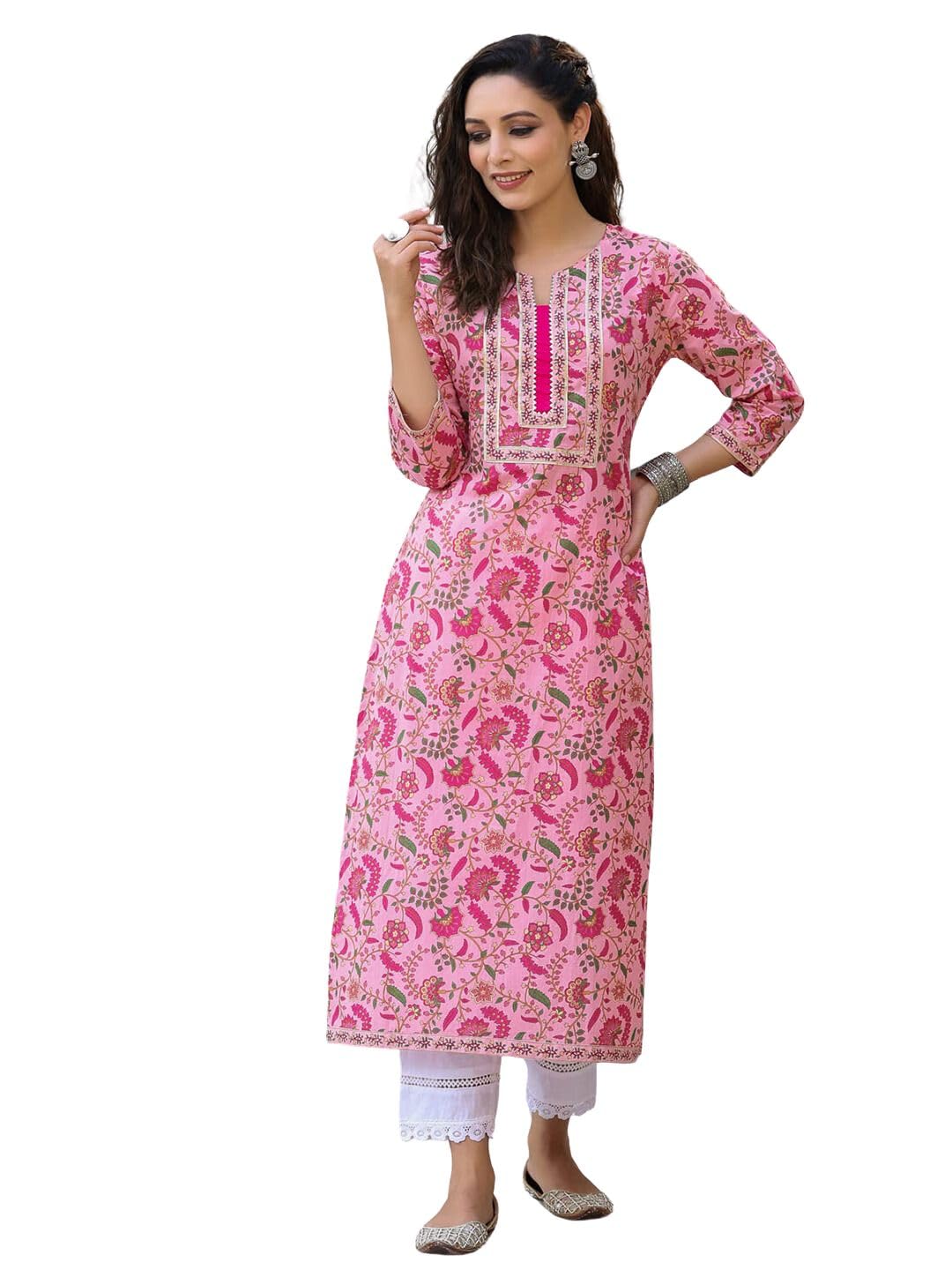 rytras Womens Cotton Printed Straight Kurta(Pink,L)