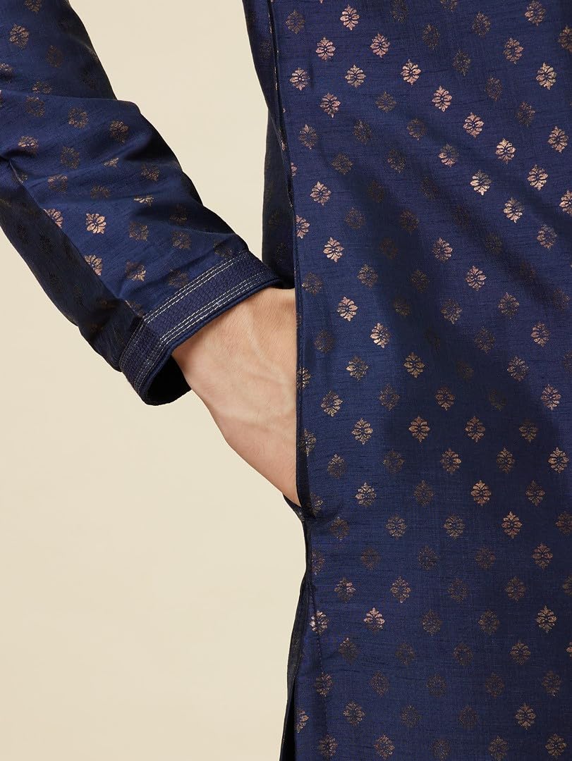 Manyavar Mens Navy Blue Shankh Patterned Kurta Set