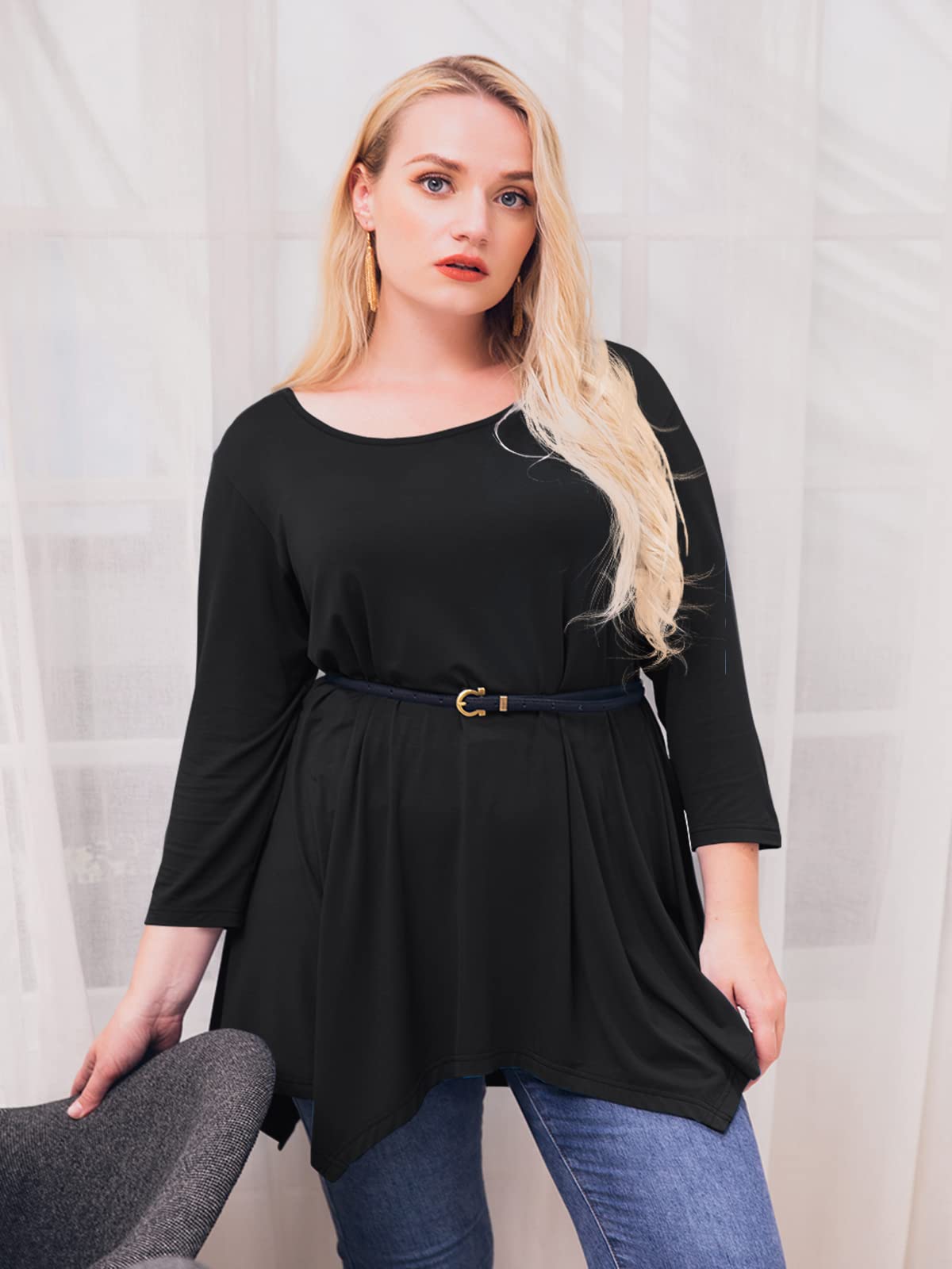 LARACE Plus Size Tops for Women 3/4 Sleeve Shirts Tunic Tops Loose Fit Basic Lady Clothes (1X, Black)