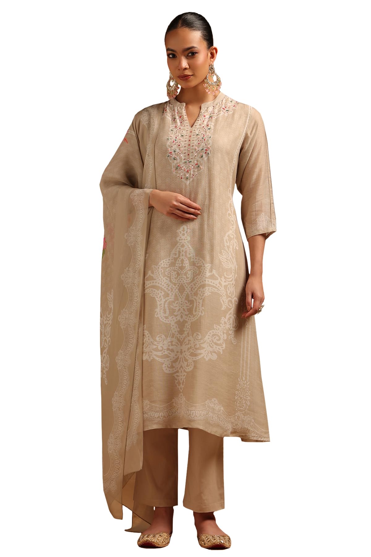 Soch Women Linen Floral Print Suit Set with Mirror Work