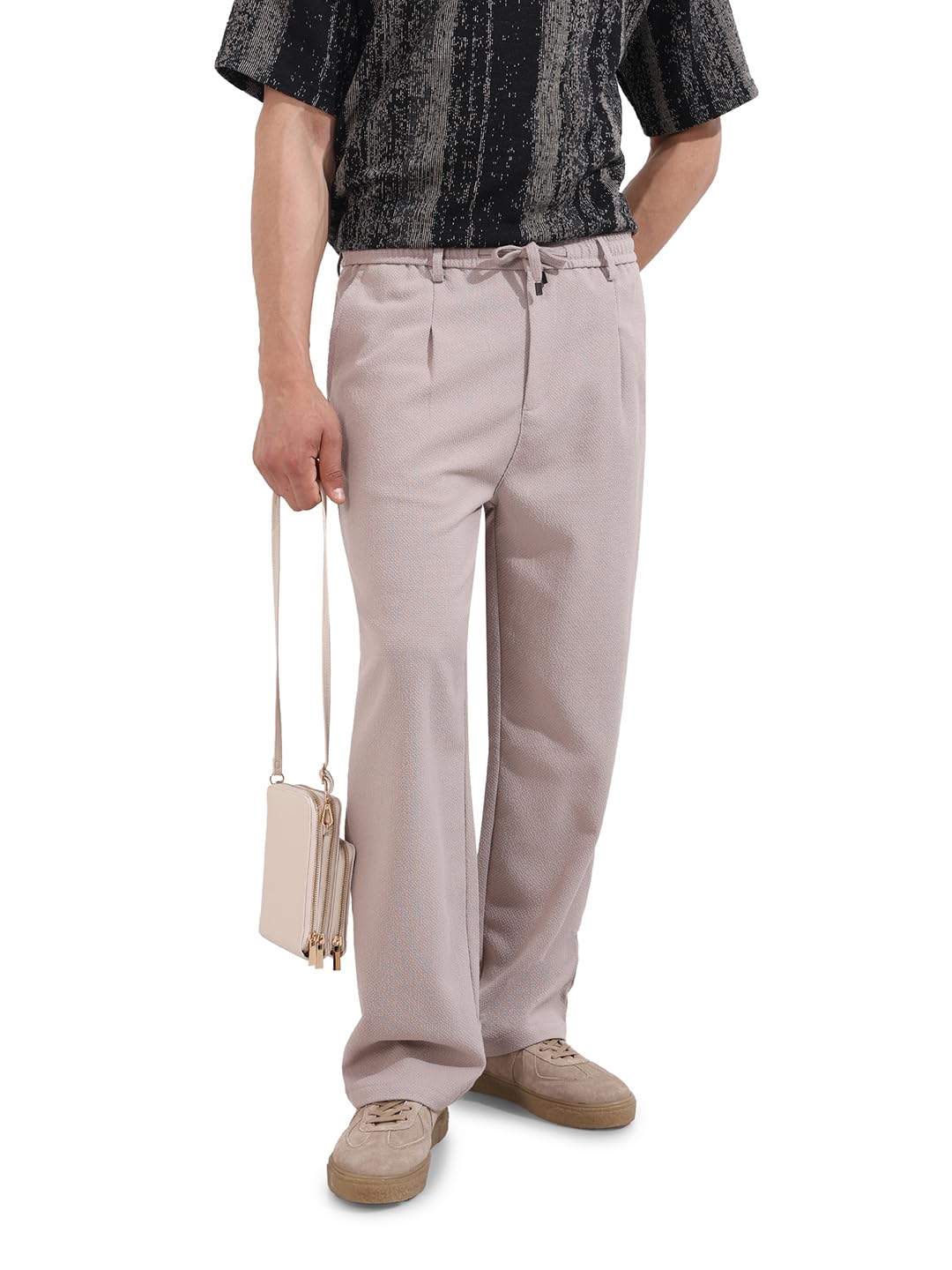 The Indian Garage Co Mens Relaxed Fit Textured Mid-Rise Stretchable Trousers Sweater