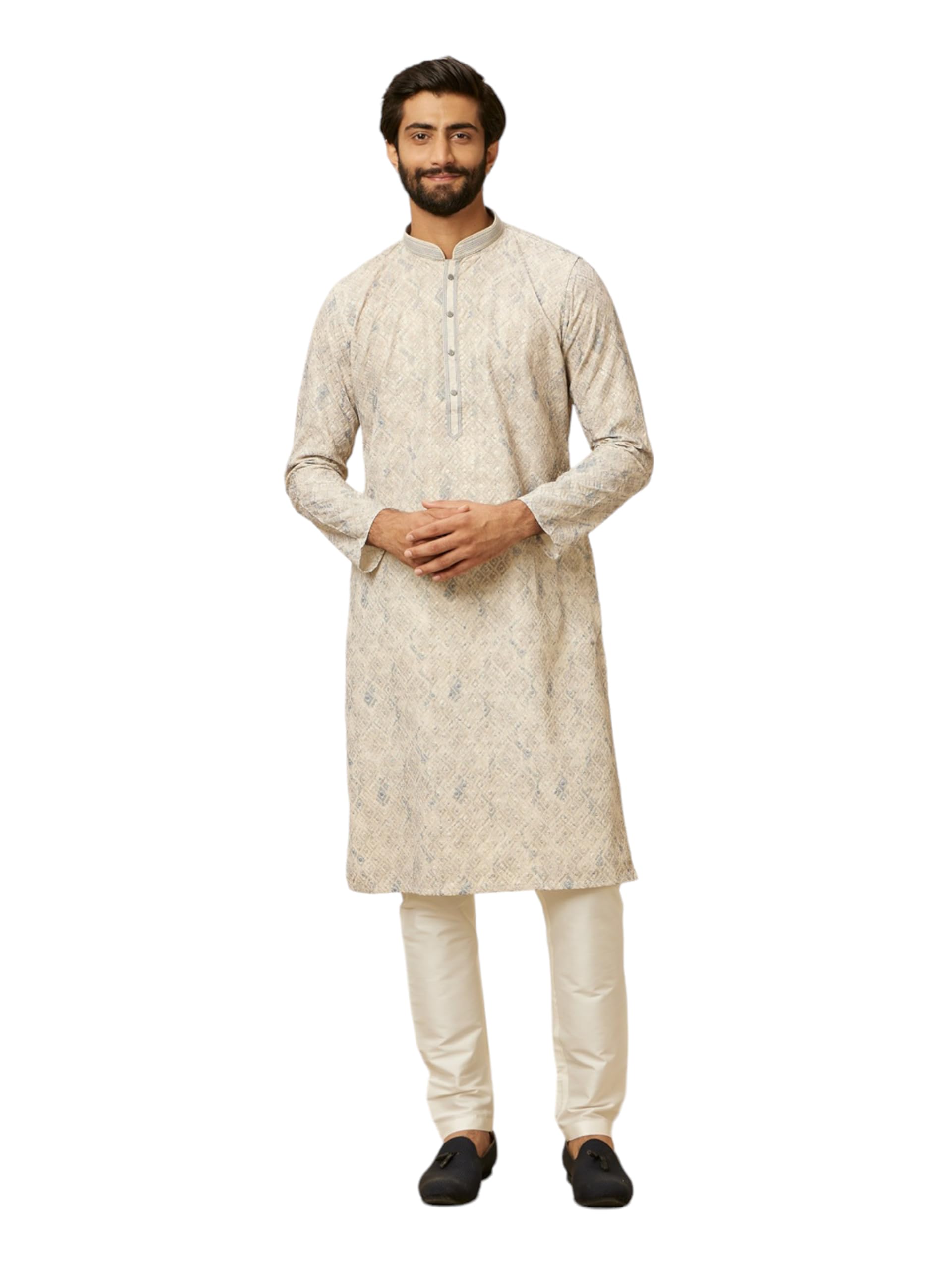 Manyavar Grey Blended Cotton Digital Print | Embroidery Kurta Churidar Set