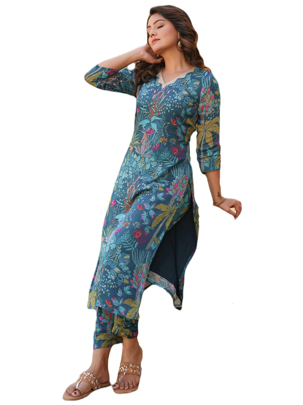ANNI DESIGNER Women's Rayon Blend Straight Printed Kurta with Pant (Shipu Rama_L_Blue_Large)
