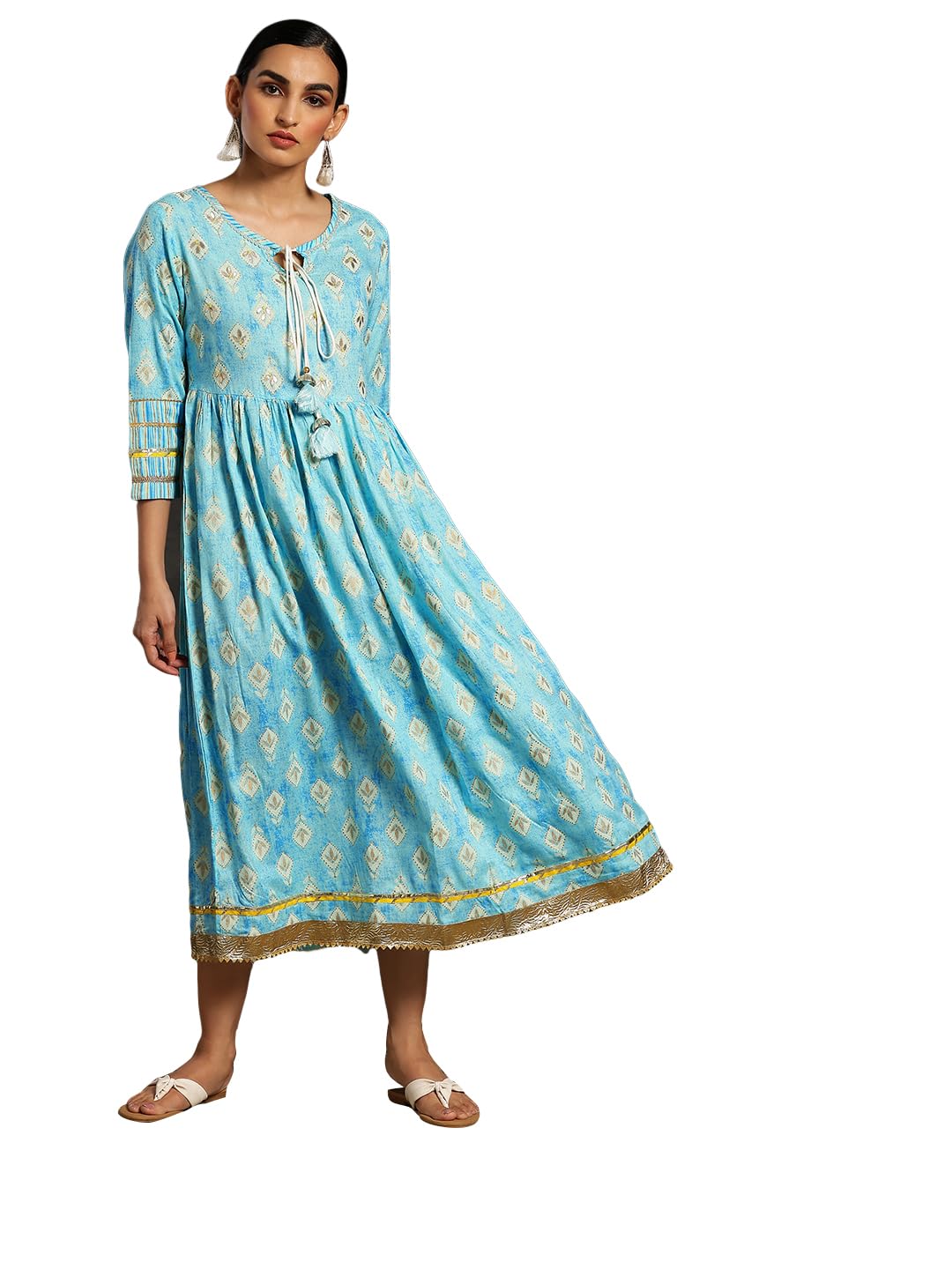 Libas WomenS Cotton Fit And Flare Midi Dress (37139_Turquoise