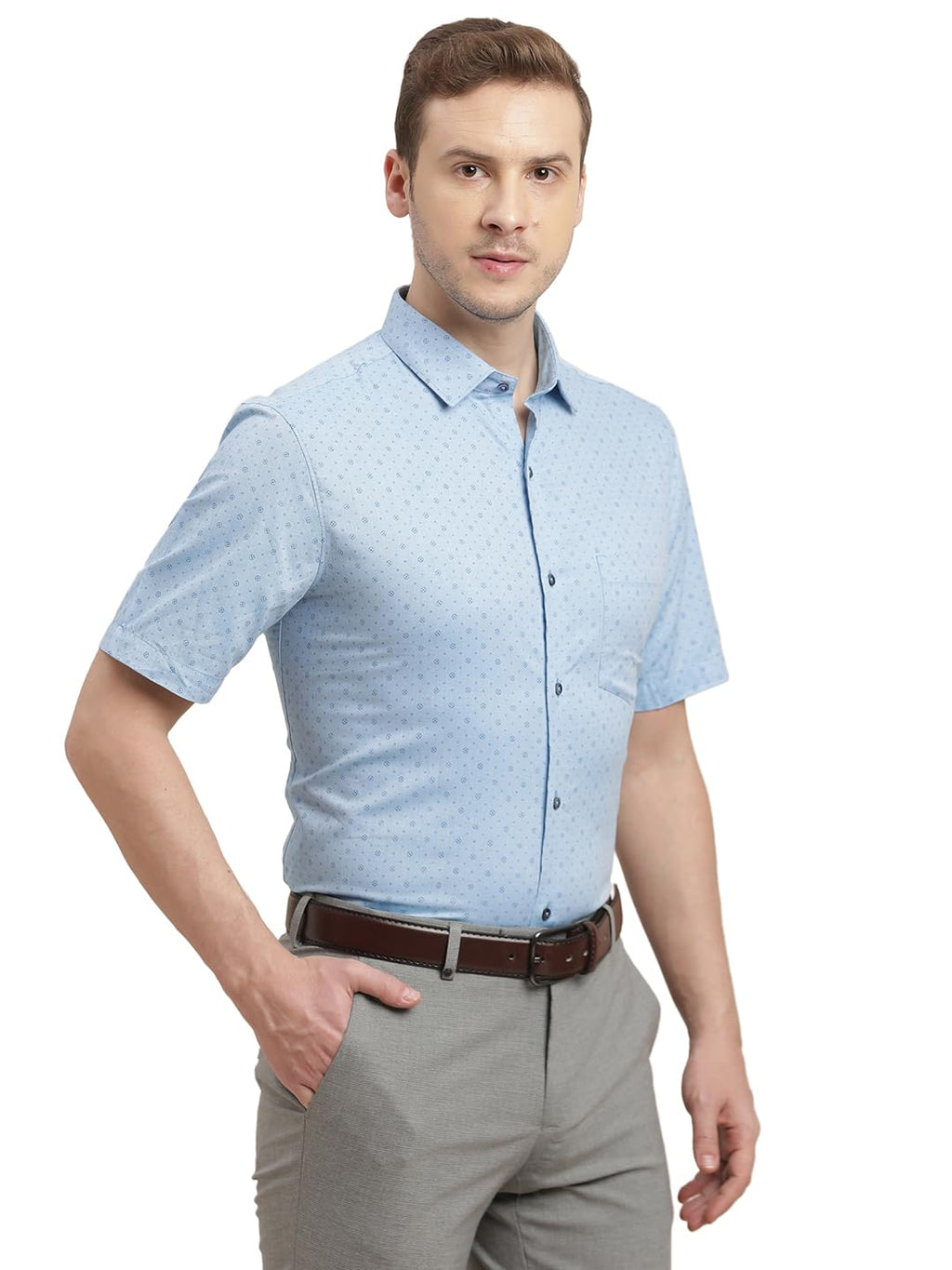Turtle Men 100% Cotton Regular Fit Light Blue Printed Half Sleeve Formal Shirt