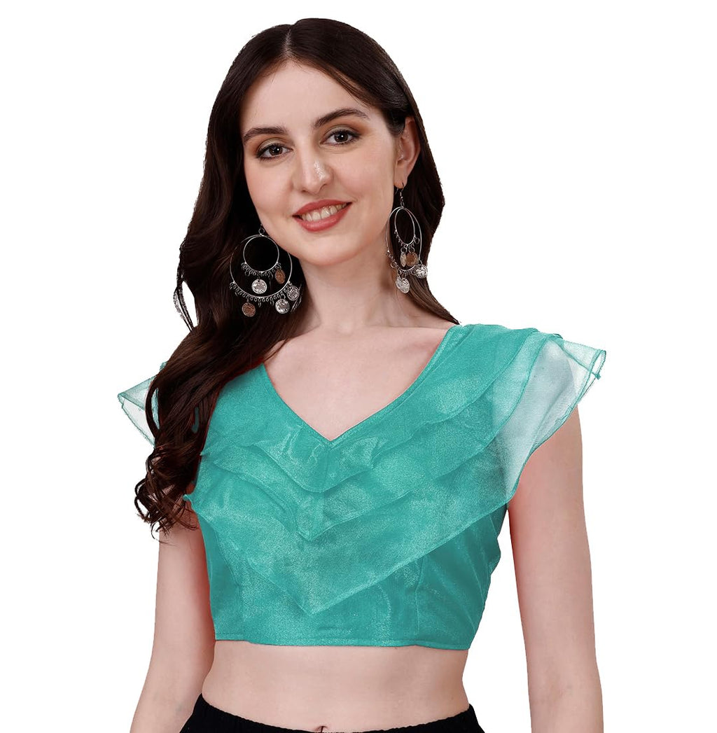 Vihu Fashion WomenS V Neck Orgenza Three Layer Ruffle Sleeve Frill Readymade Saree Blouse