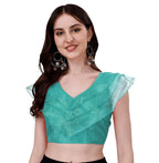 Vihu Fashion WomenS V Neck Orgenza Three Layer Ruffle Sleeve Frill Readymade Saree Blouse