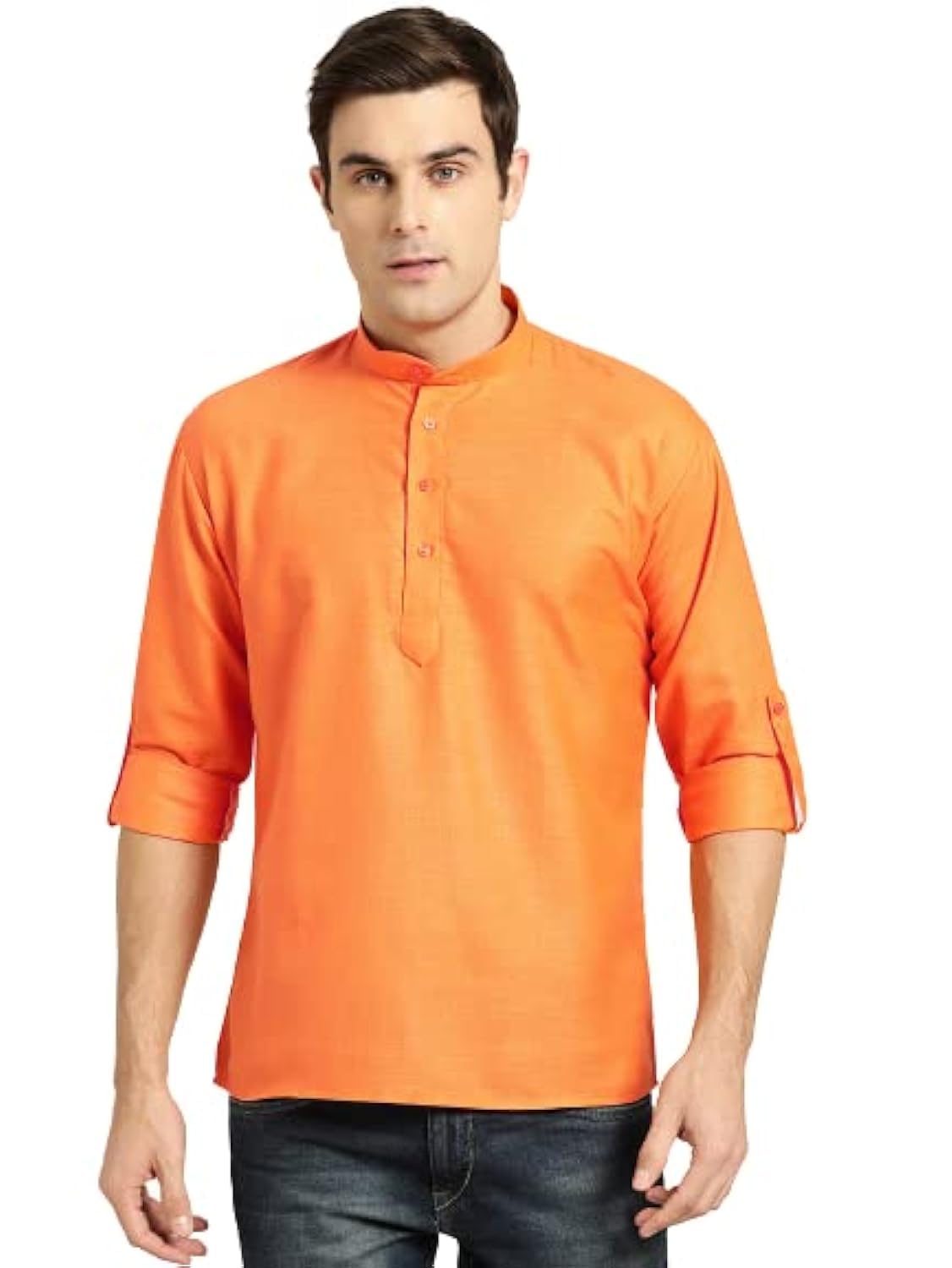 Sojanya (Since 1958, MenS Cotton Orange Short Kurta, Size: 44