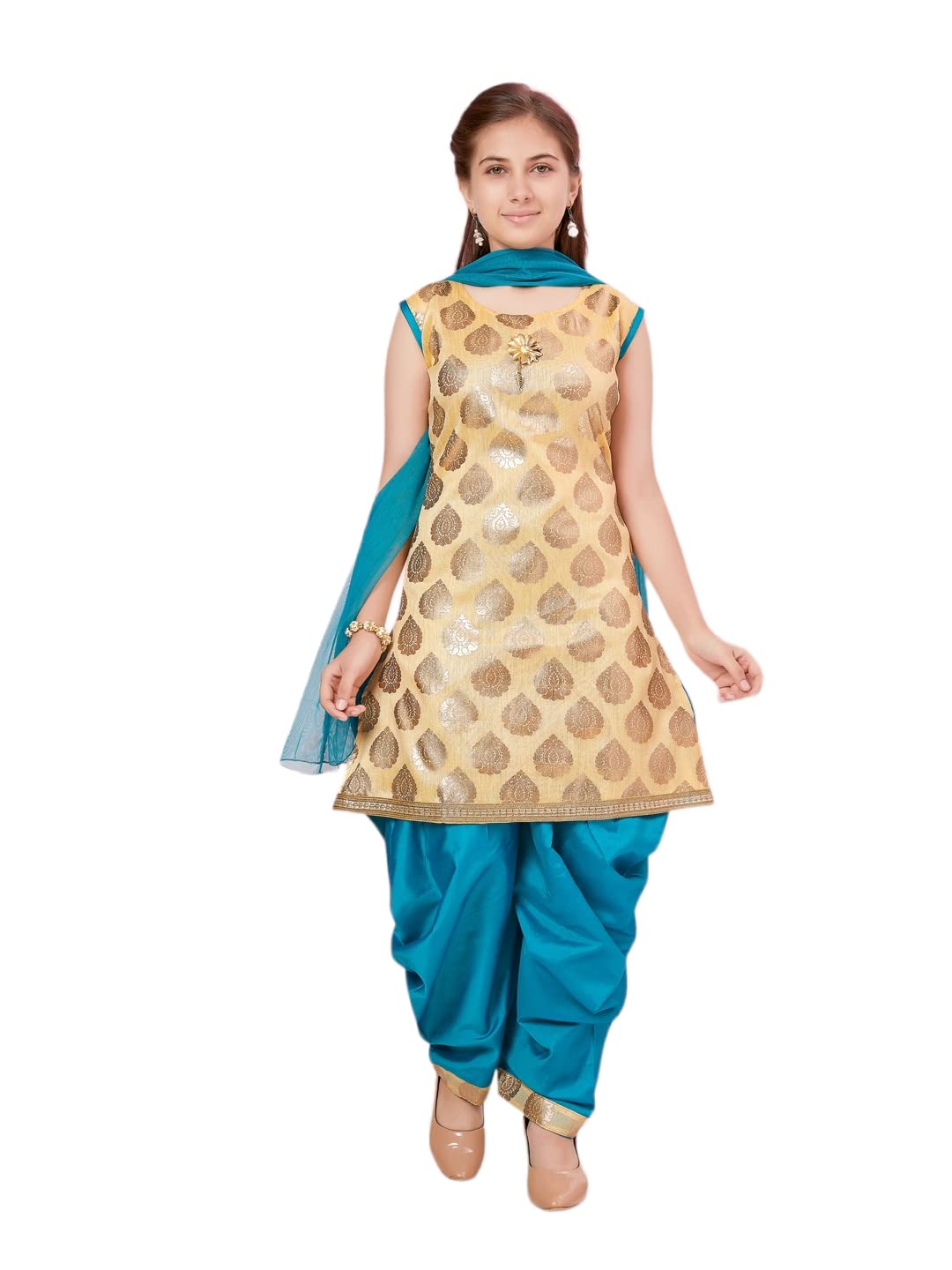 Aarika Girls Gold-Rama Color Embellished Kurti Patiala Set (Pt-23069-Gold-Rama-28)