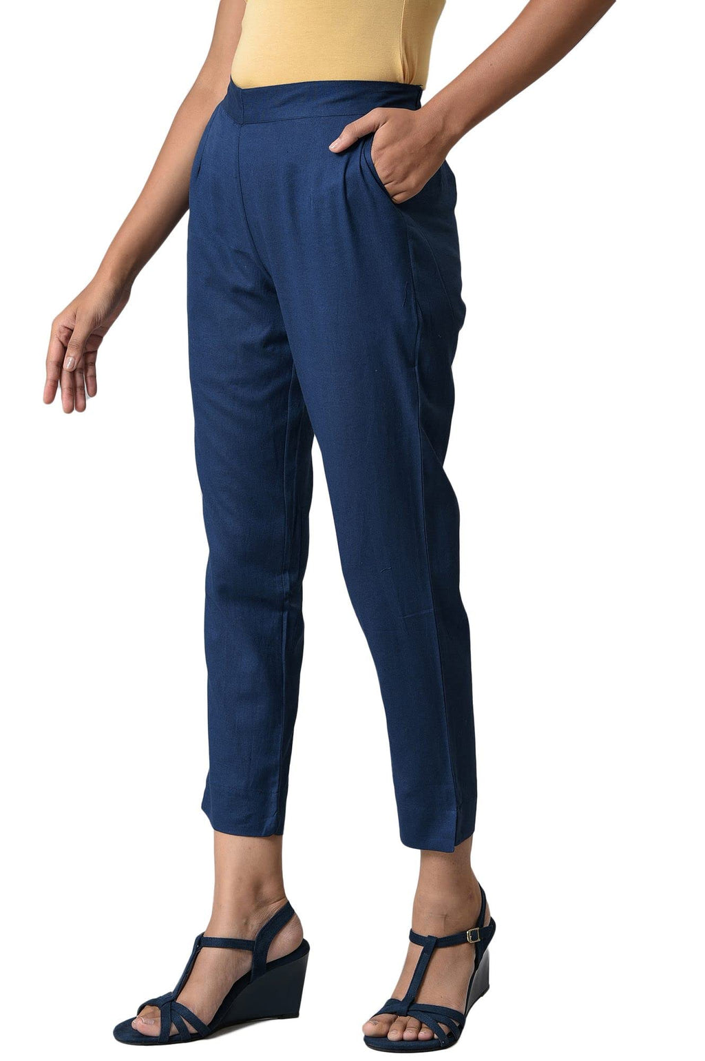 Aurelia Blue Cotton Blend Solid Regular Trousers