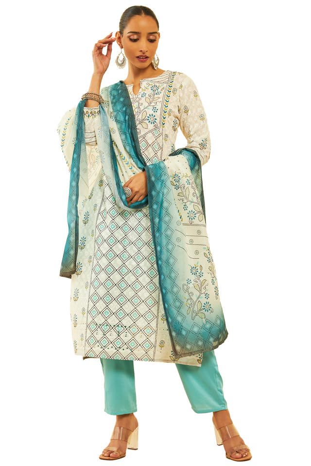 Soch Women Cotton Blend Print with Embroidered Suit Set with Schiffli