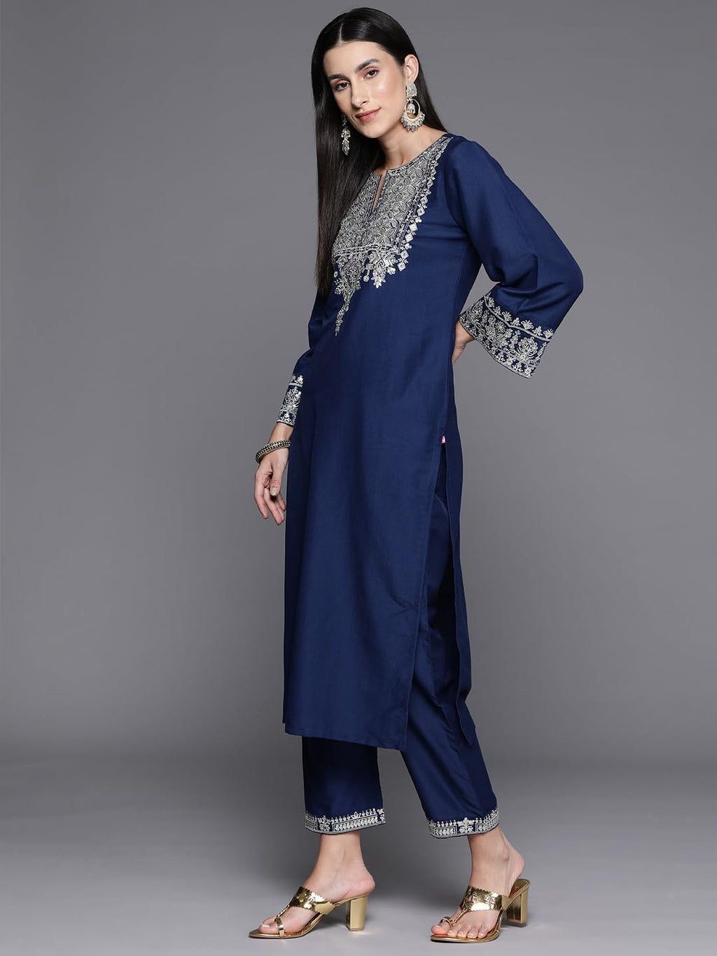 Varanga Women Blue Embroidered Straight Kurta With Tonal Bottom And Dupatta For Formal And Festive Occasions