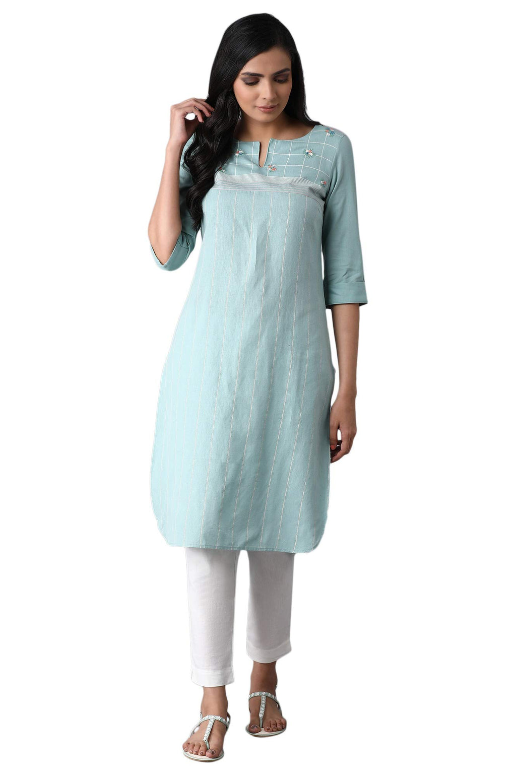 W For Woman Light Blue Floral Grid Embroidered Kurta