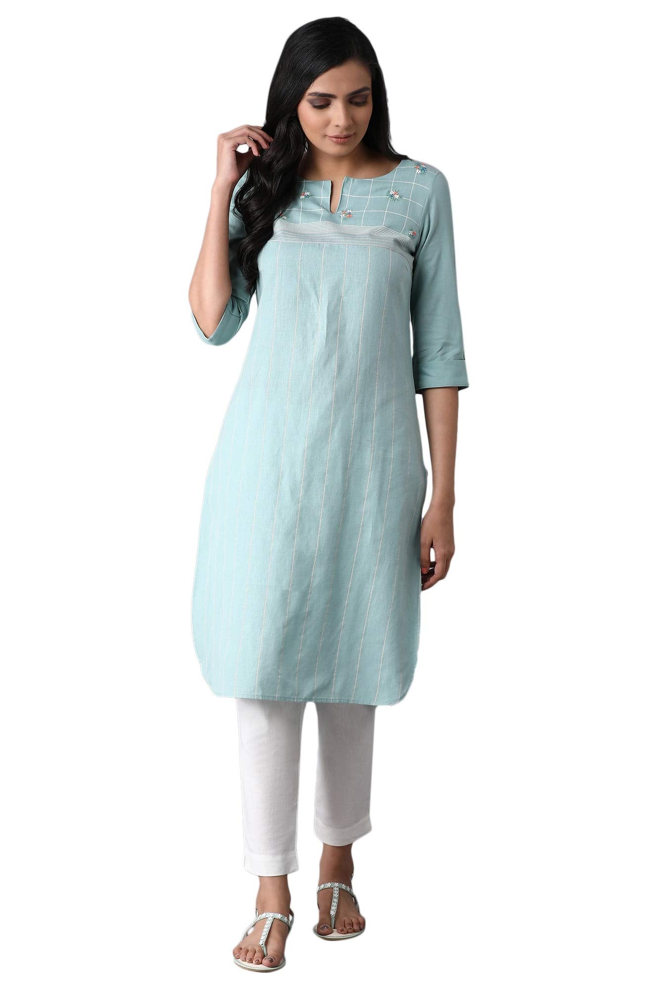 W For Woman Light Blue Floral Grid Embroidered Kurta