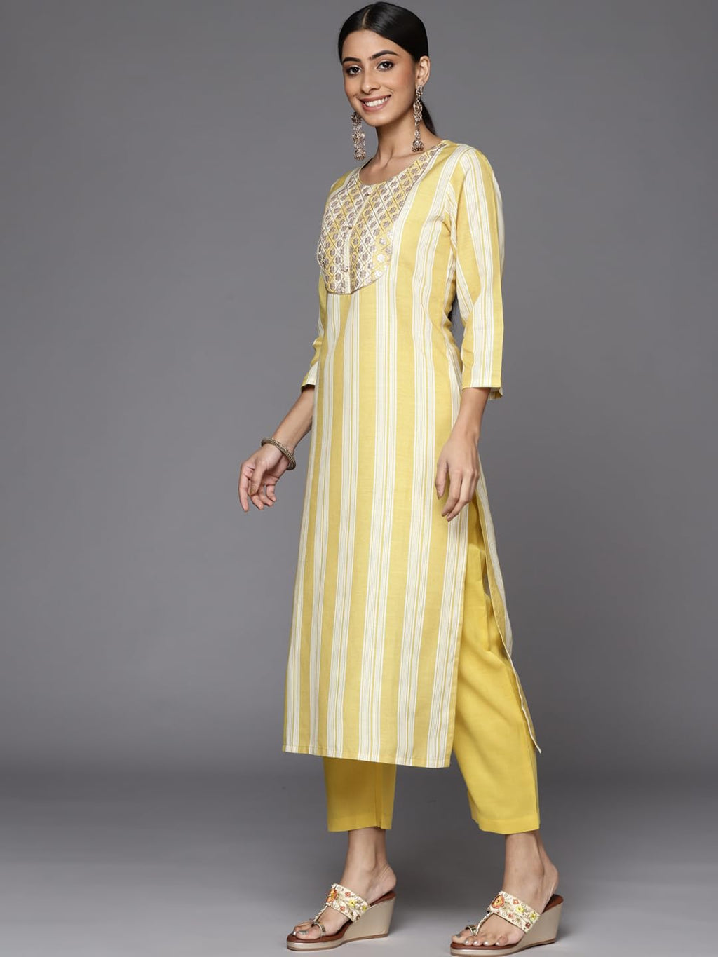 Varanga Stripe Printed Embroidered Kurta Paired With Solid Straight Trouser And Dupatta
