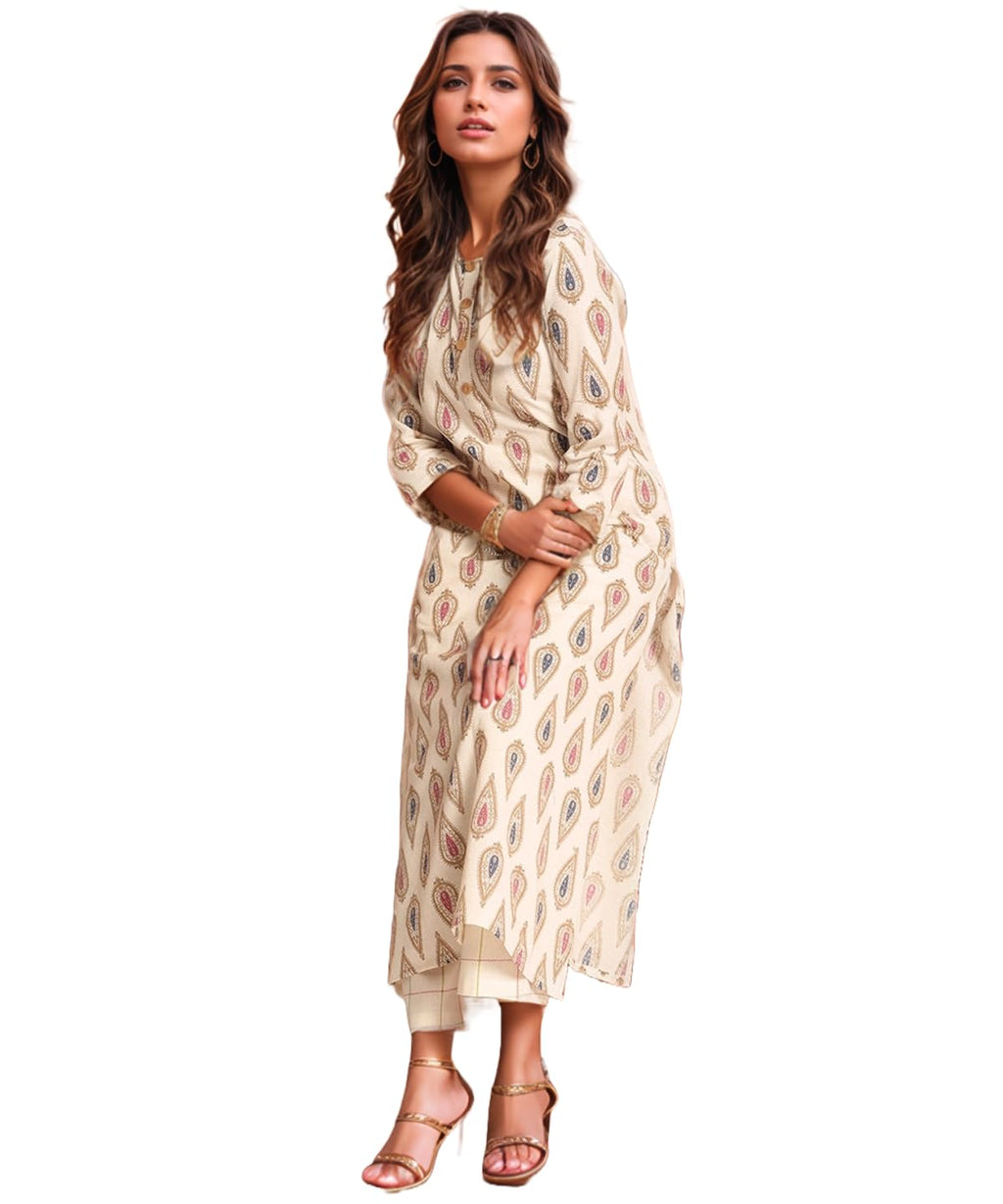 ANNI DESIGNER Womens Rayon Viscose Straight Printed Kurta with Palazzo (Tangro Cream_S_Cream_Small)