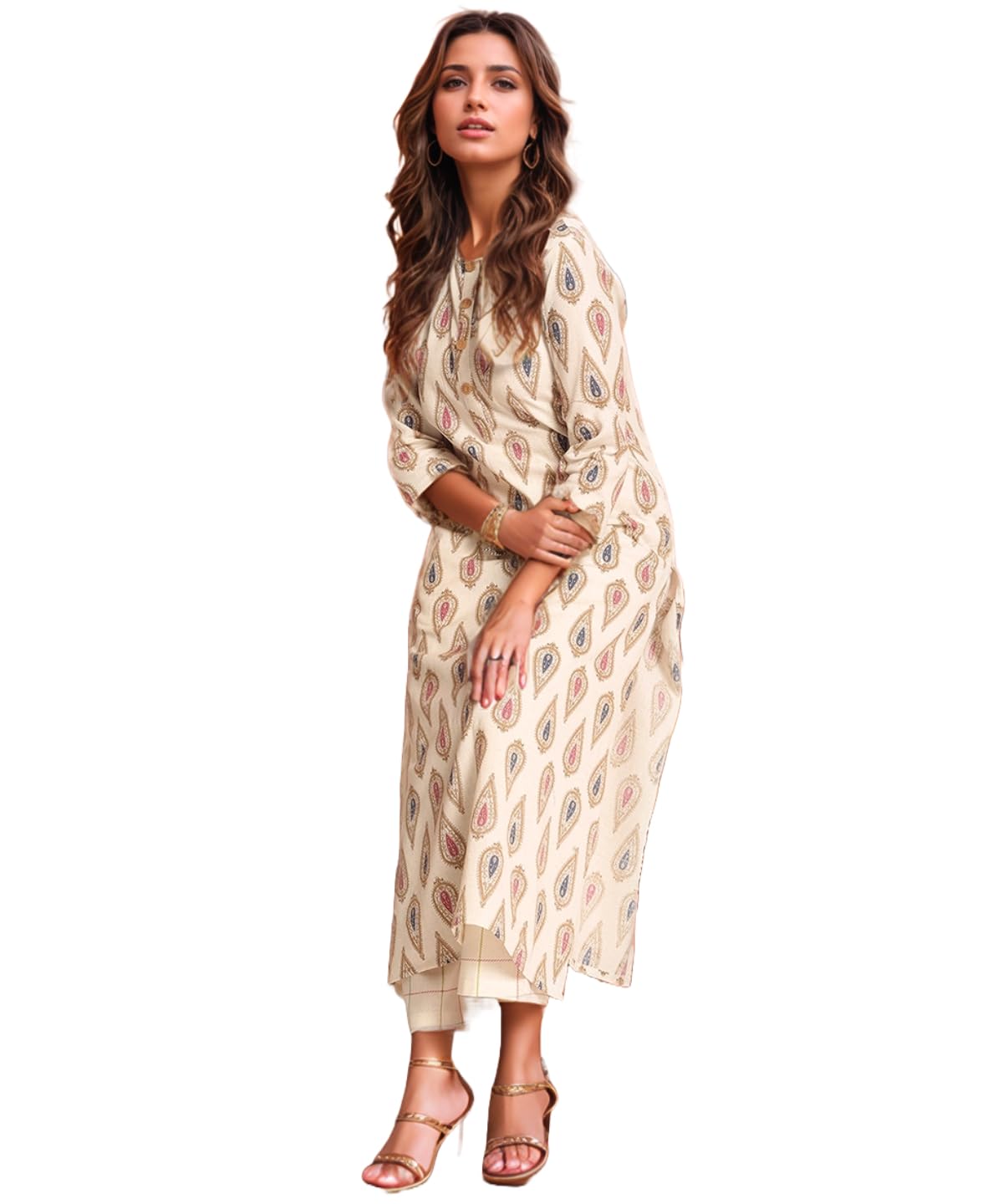 ANNI DESIGNER Womens Rayon Viscose Straight Printed Kurta with Palazzo (Tangro Cream_S_Cream_Small)