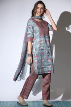 Om Sai Latest Creation Kurta Set For Women | Cotton Stitched Lace Detailing Floral Hand Block Print Straight Kurta Set | Cotton Printed Kurta Set With Dupatta For Women.