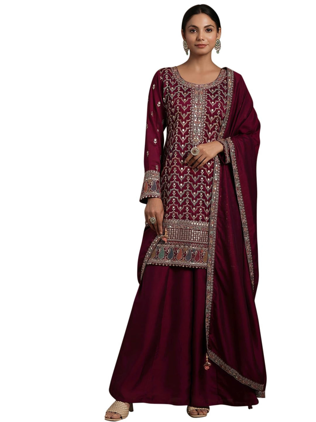Libas Womens Embroidered Silk Blend Straight Kurta With Palazzos And Dupatta