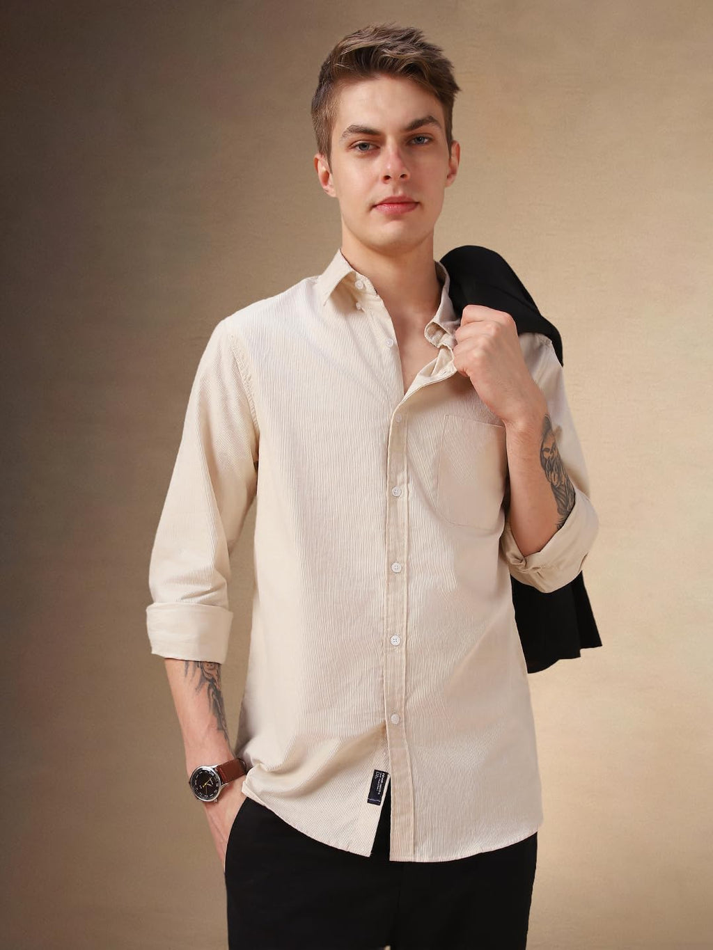 Dennis Lingo Men Beige Solid Cotton Relaxed Fit Full Sleeve Shirts