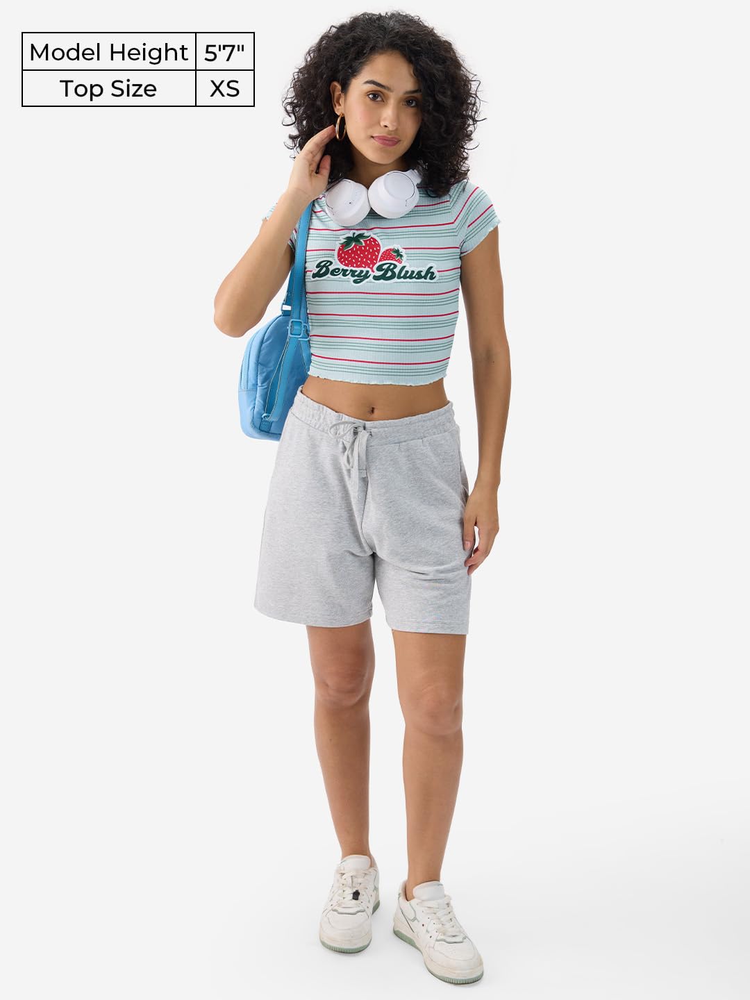 The Souled Store Berry Blush Women and Girls Short Sleeve Round Neck Striped Slim Fit Polyester Blend Cropped Tops