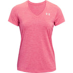 Under Armour Womens Tech V-Neck Twist Short-Sleeve T-Shirt , Cerise (655)/Metallic Silver , X-Small