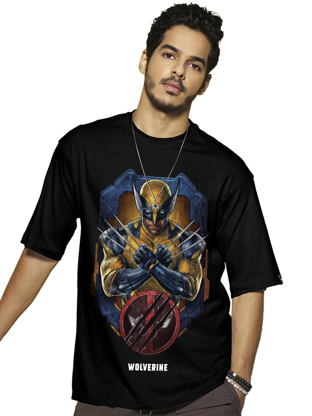 Bewakoof Official Marvel Merchandise Wolverine Mens Graphic Print Oversized Fit Half Sleeve Round Neck Cotton T-Shirt_646215_Bl