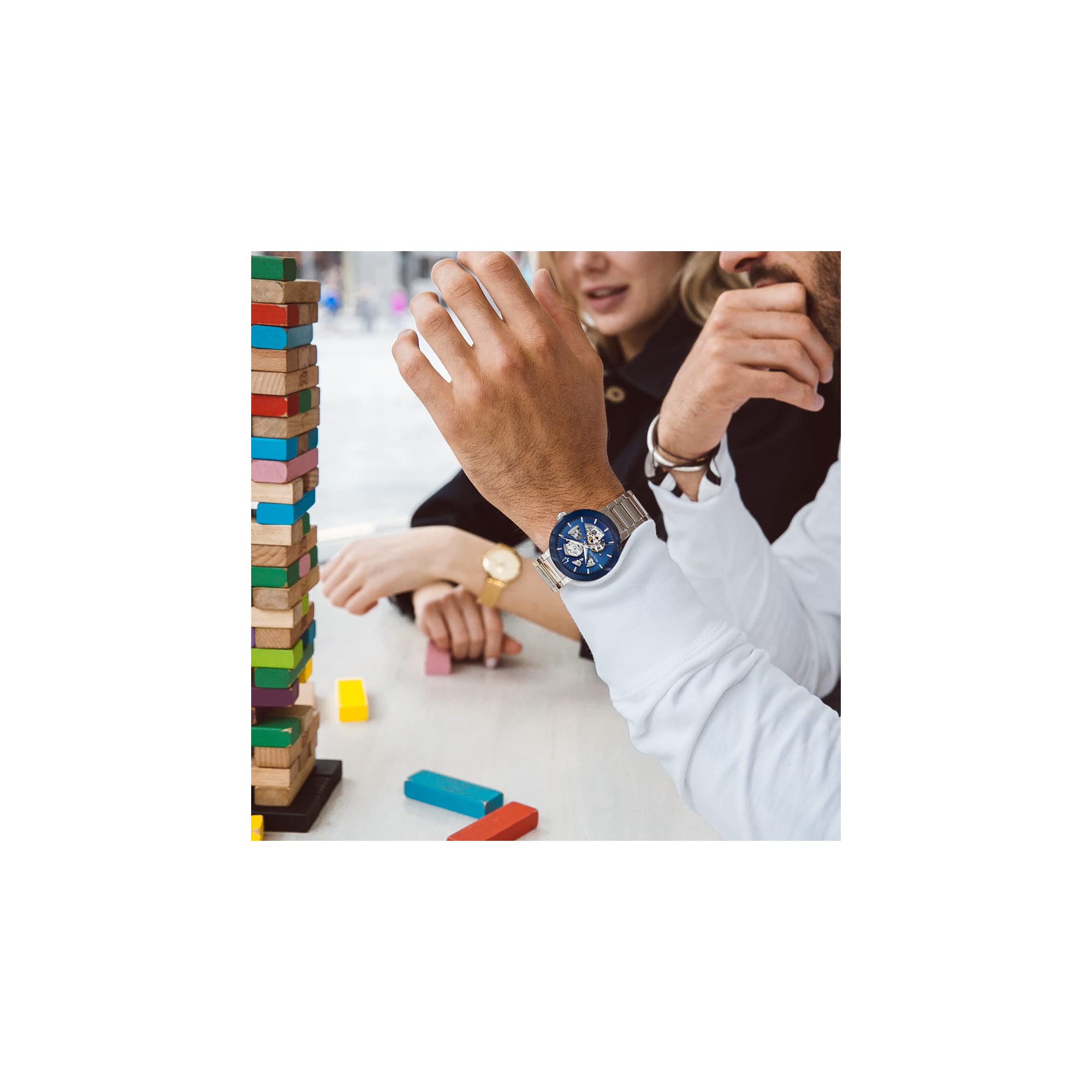 Bulova Men's Modern Stainless Steel 3-Hand Automatic Watch, Blue Skeleton Dial Style: 96A204