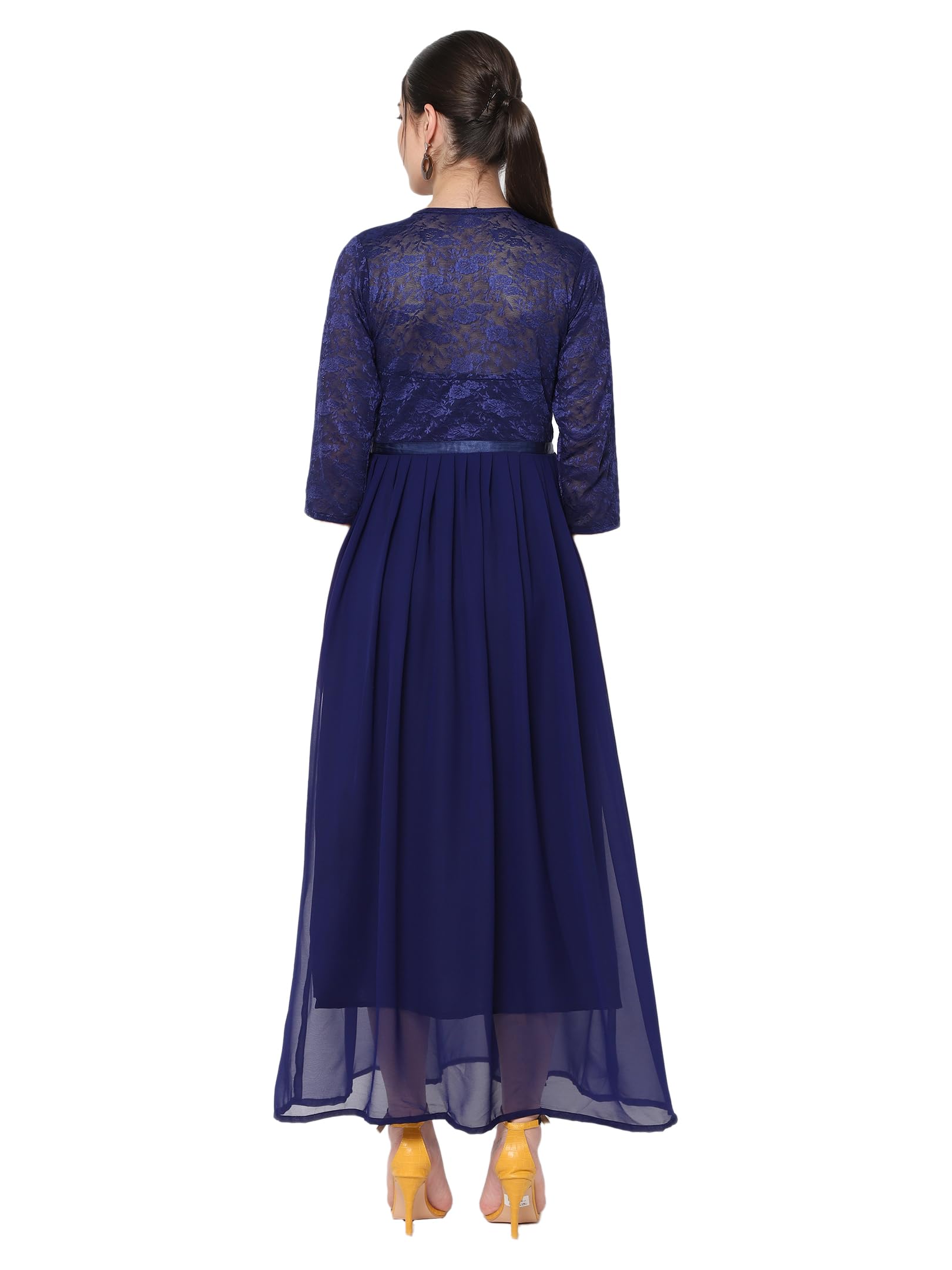 Avanova Georgette Navy Blue Round Neck Maxi Western Dresses For Women (Dress 82 N Blue M)