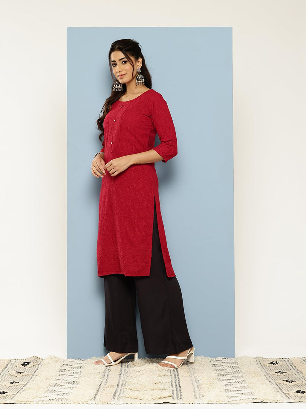 Aarika Womens Ethnic Wear Red Colour Cotton Chicken Embroidery Kurti