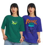 Juneberry Pack Of 2, 100% Pure Cotton, Round Neck, Oversized, Loose, Baggy Fit, Drop Shoulder, Graphic Printed, Half Sleeve T-Sh