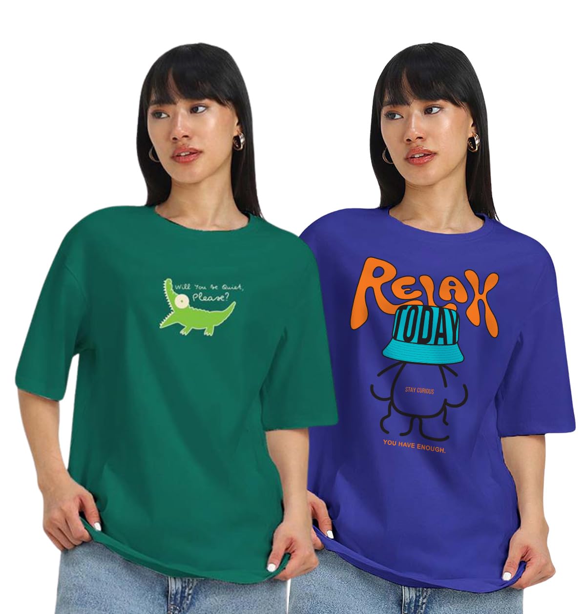 Juneberry Pack Of 2, 100% Pure Cotton, Round Neck, Oversized, Loose, Baggy Fit, Drop Shoulder, Graphic Printed, Half Sleeve T-Sh
